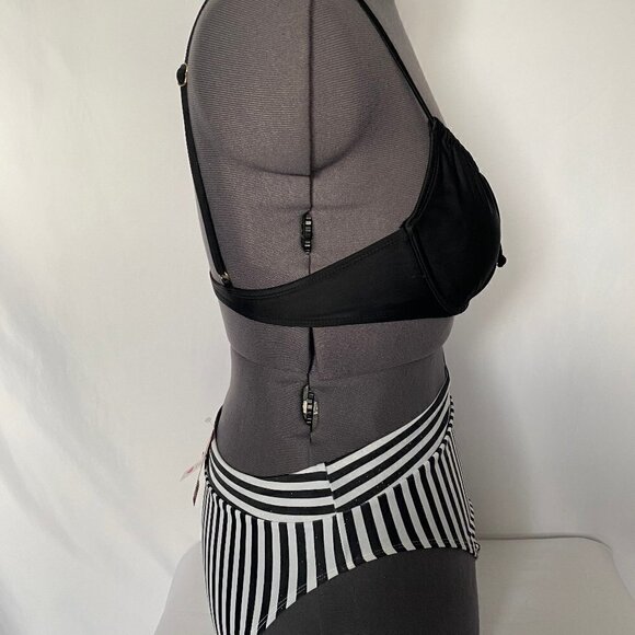 Black Top and Striped Bottom Two Piece Bathing Suit - Picture 1 of 15